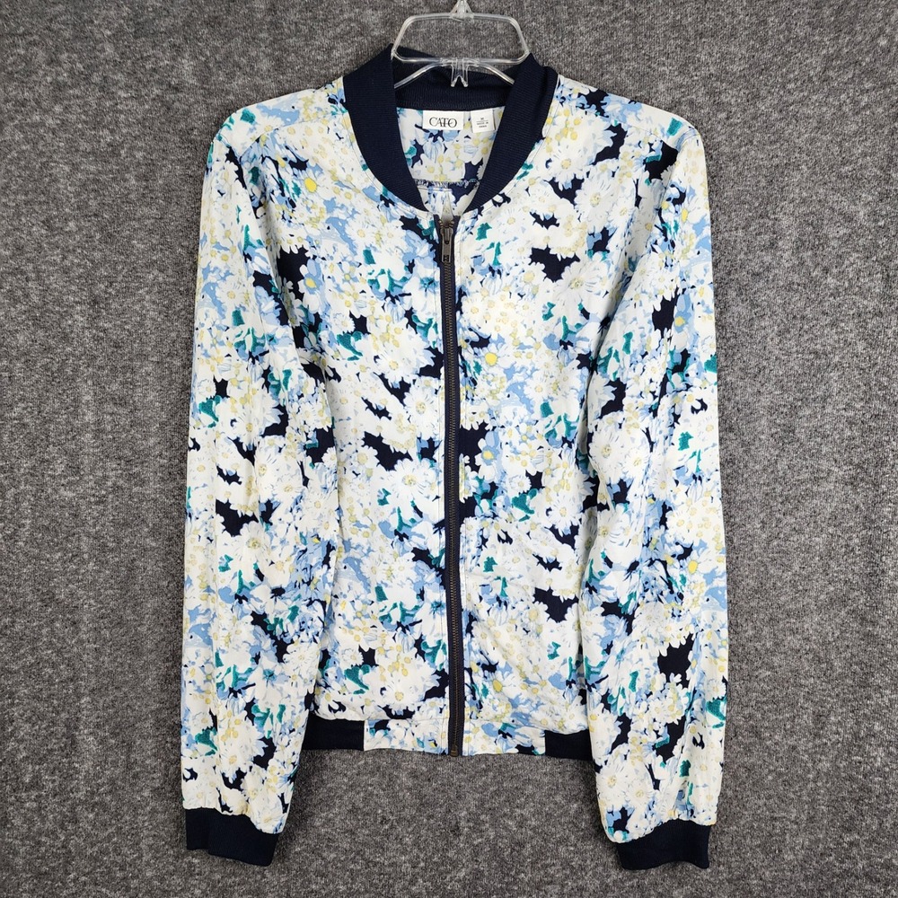 Cato Bomber Jacket Womens Medium Blue Floral Lightweight Full Zip Ribbed Trim